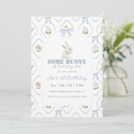 Convites Some Bunny Blue Floral Stripe 1st Birthday