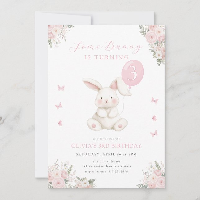 Convites Some Bunny Floral Girl Pink Bunny Birthday (Frente)