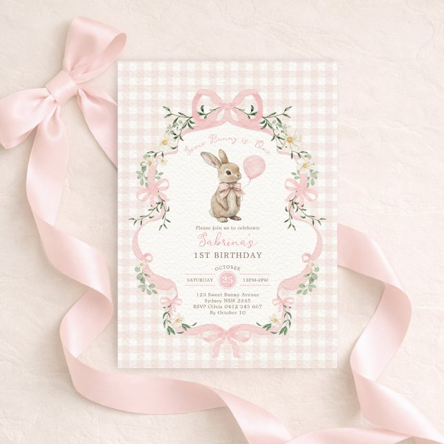 Convites Some Bunny is One Pink Bow Gingham 1st Birthday (Criador carregado)