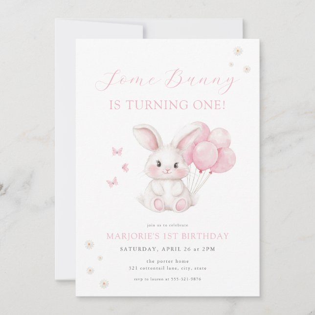 Convites Some Bunny Spring Girl Pink Bunny First Birthday (Frente)