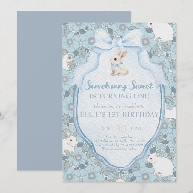 Convites Somebunny Sweet Bunny 1st Birthday Spring Floral I (Frente/Verso)