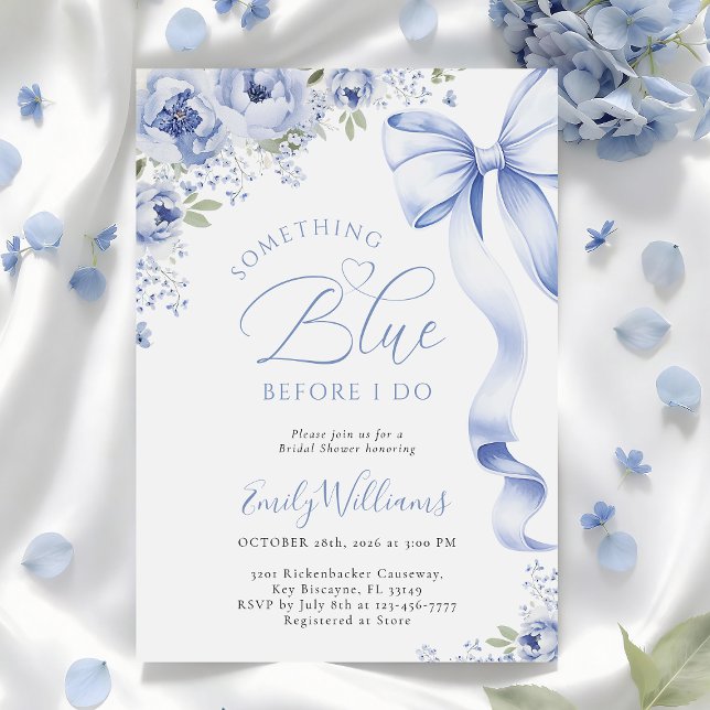 Convites Something Blue Bow Floral Bridal Shower Invitation (Criador carregado)