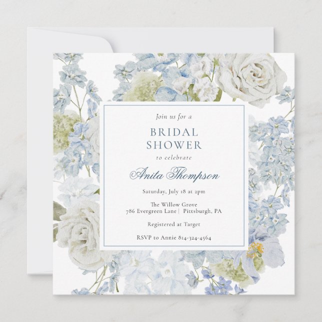 Convites Something Blue Floral Ribbon Bridal Shower (Frente)