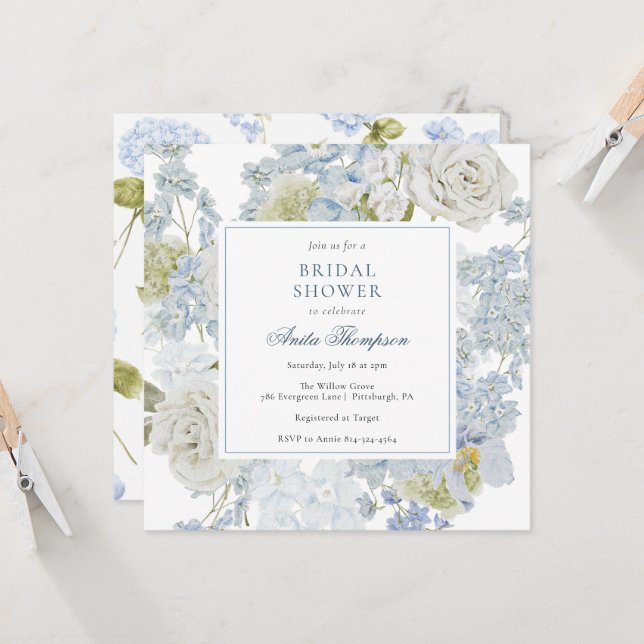 Convites Something Blue Floral Ribbon Bridal Shower (Frente/Verso In Situ)