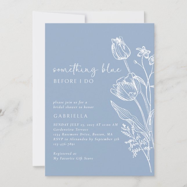 Convites Something Blue Line Art Floral Bridal Shower (Frente)