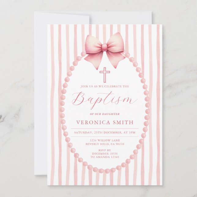 Convites Something Pink Bow coquette Pearl Baptism Cross (Frente)