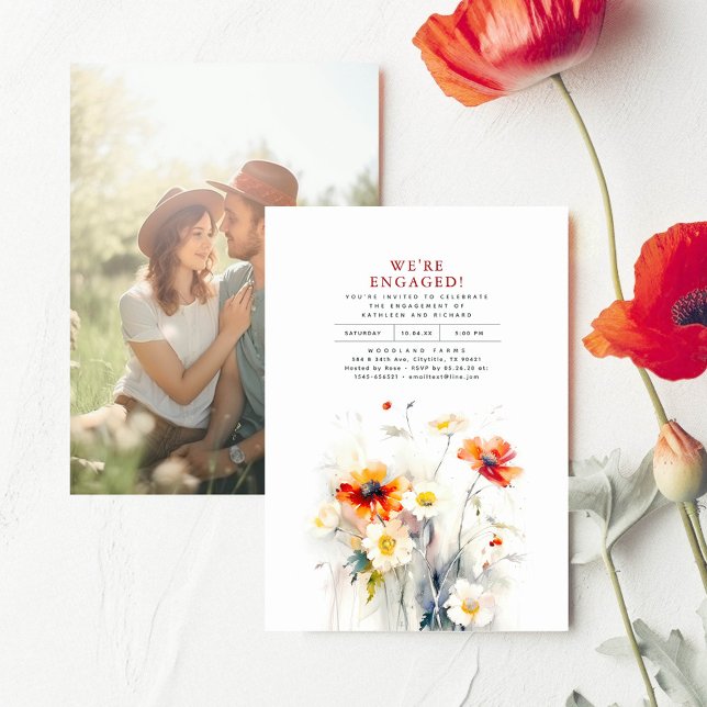 Convites Somos a Foto de Festa de noivado de Flores Selvage (Wildflowers Minimalist Elegant Engagement Party Photo Invitations "We're Engaged!")