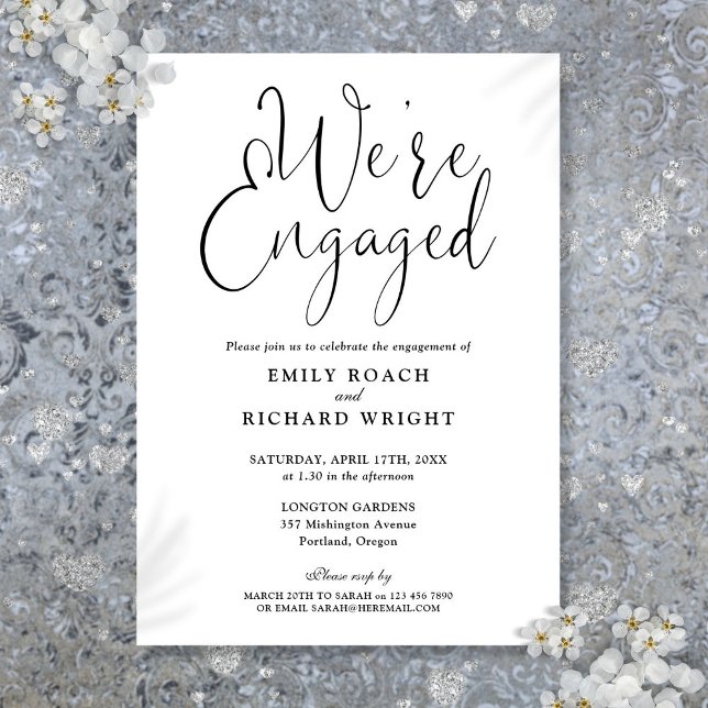Convites Somos Festas de noivado Preta e Branca Envolvidos (We're Engaged Black And White Engagement Party Invitation)