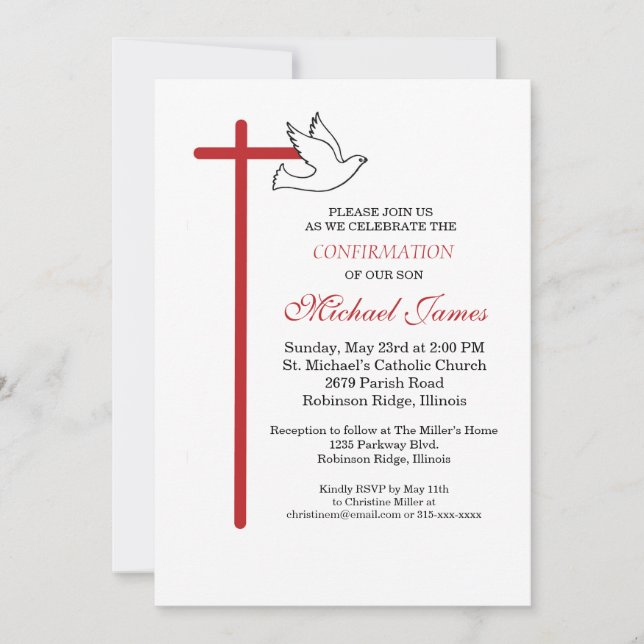 Convites Son Confirmation Cross Dove on White (Frente)