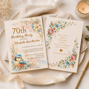 Convites Songbird Spring Aquarela Floral 70º Aniversário