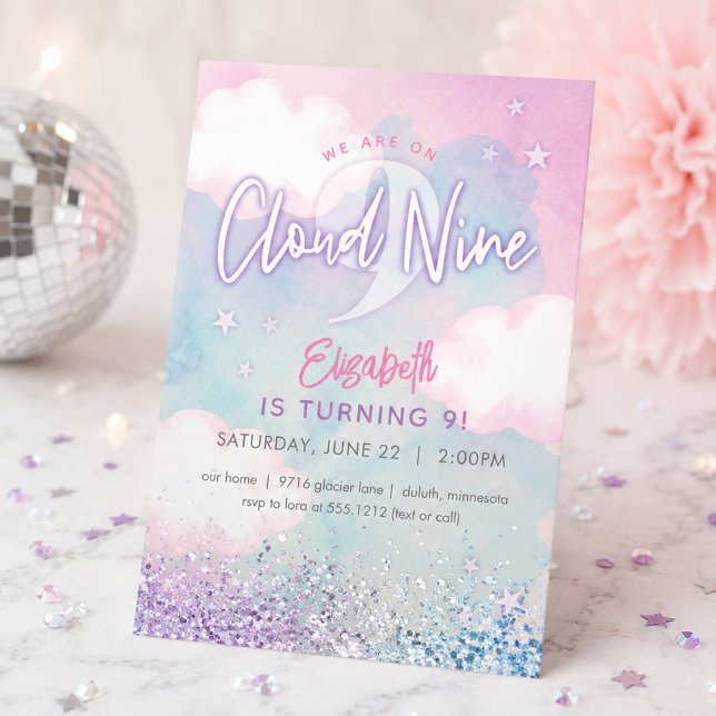 Convites Sonhadora Feminina No Nono Aniversário Feliz  (Dreamy Girly On Cloud Nine 9th Birthday Invitation)