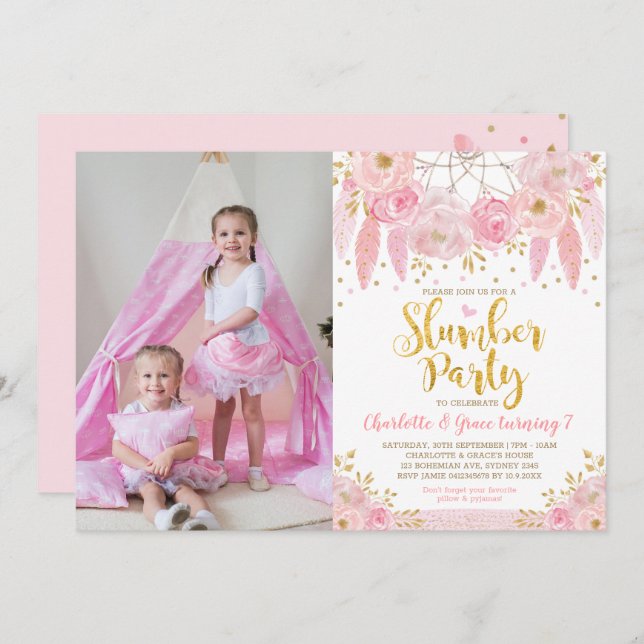 Convites Sonhadora Rosa Sleepover de Aniversário do Partido (Frente/Verso)