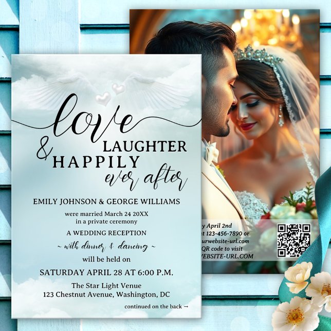 Convites Sonhe A Nuvem Nove Elope Felizmente Depois Do Casa (Wedding reception only/happily ever after invitation featuring angel wings and hearts on cloud nine)