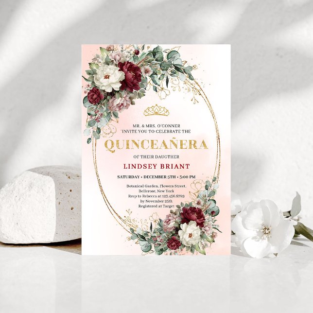 Convites Sonho Boho Borgonha Floral Eucalipto Dourado Quinc (Dreamy Boho Burgundy Floral Eucalyptus Quince Invite)