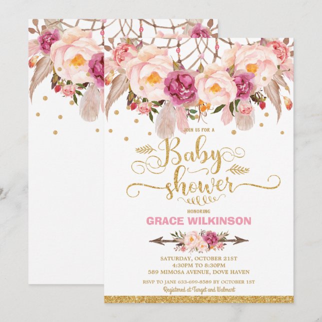 Convites Sonho Boho Floral Bebê Menina Chamada Shower (Frente/Verso)