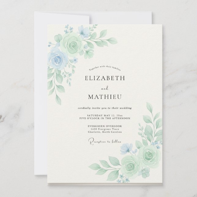 Convites Sonho Botânico de Casamento Azul Pó (Frente)
