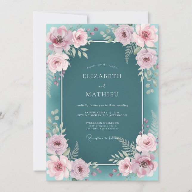 Convites Sonho Botânico de Casamento em Azul Teal Escuro (Frente)