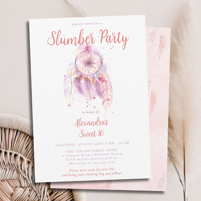 Convites Sonho Cor-de-rosa Desmoronamento do Partido PJ Doc (sweet 16 slumber party invitation birthday pj sleep over dreamcatcher pink orange watercolor feather)