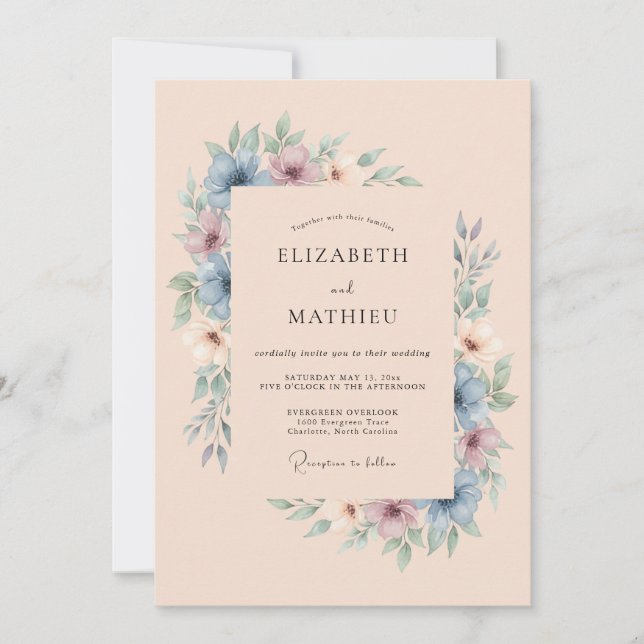 Convites Sonho de Casamento com Wistéria Azul Empoeirada (Frente)