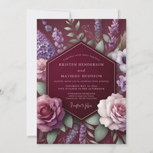 Convites Sonho de Casamento Floral Luxuriante Borgonha (Frente)