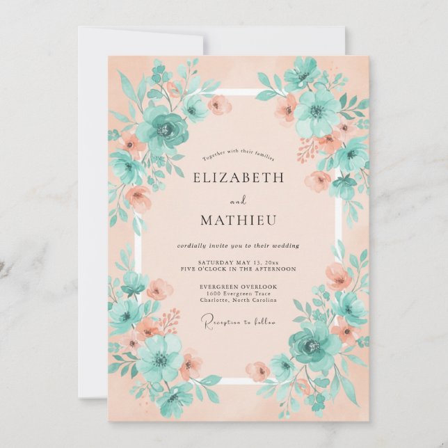 Convites Sonho de Casamento Floral Turquesa Pêssego (Frente)