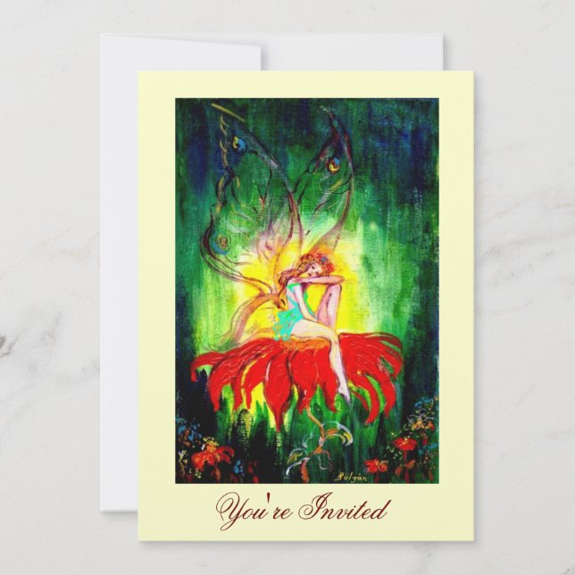 Convites SONHO DE FADA NUMA FLOR VERMELHA dourado amarelo v (Frente)