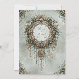 Convites Sonho Dourado Turquesa Boho Casamento com Penas