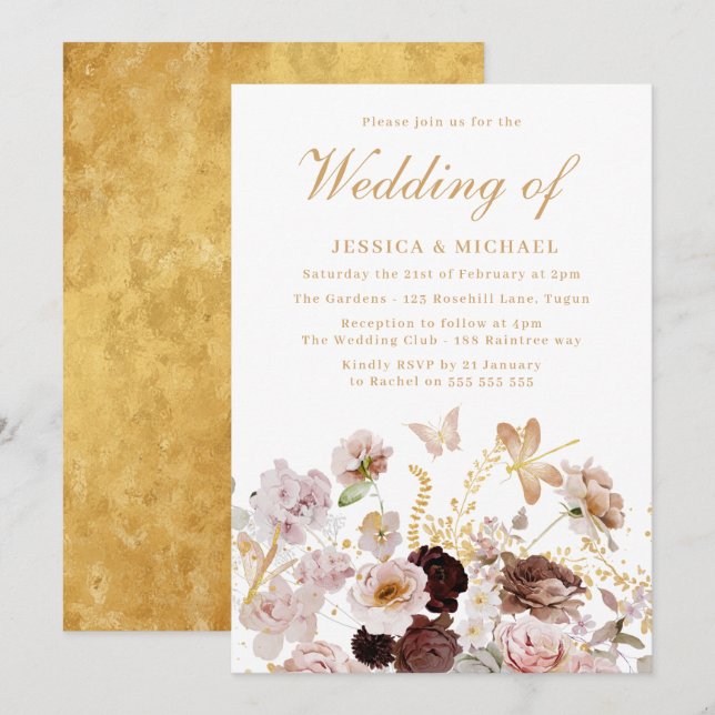 Convites Sonho Encantado: Blush Dourado Casamento Floral Má (Frente/Verso)