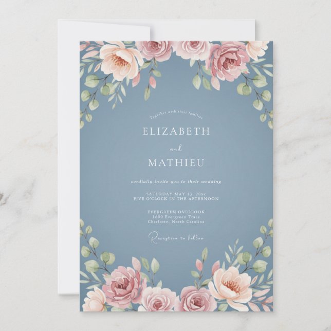 Convites Sonho Floral Azul Ardesia Casamento (Frente)