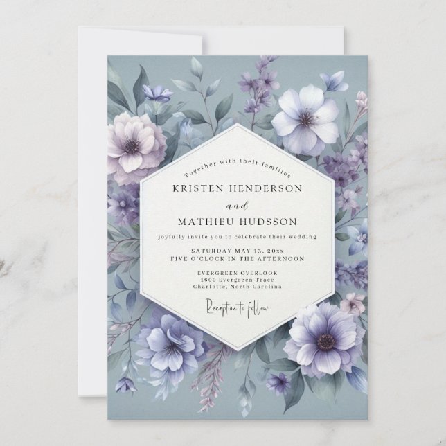 Convites Sonho Floral Azul Empoeirado de Casamento (Frente)