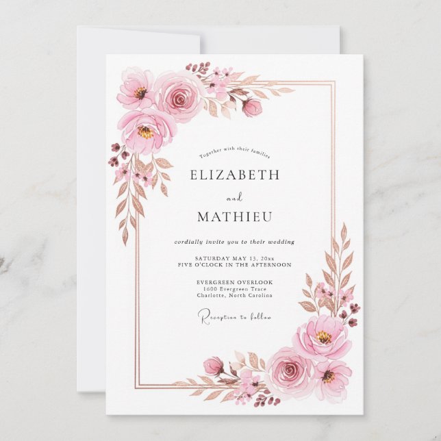 Convites Sonho Floral Cor-de-Rosa de Casamento (Frente)