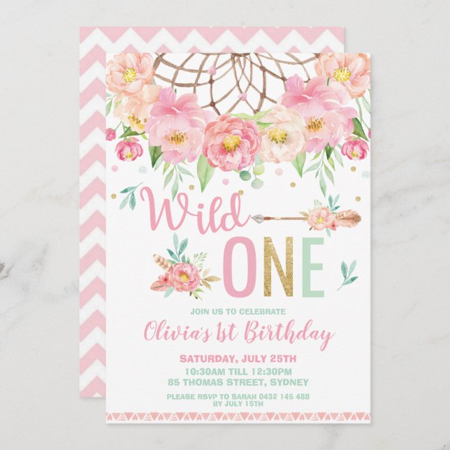 Convites Sonho Floral Rosa Capturando um primeiro aniversar (Frente/Verso)