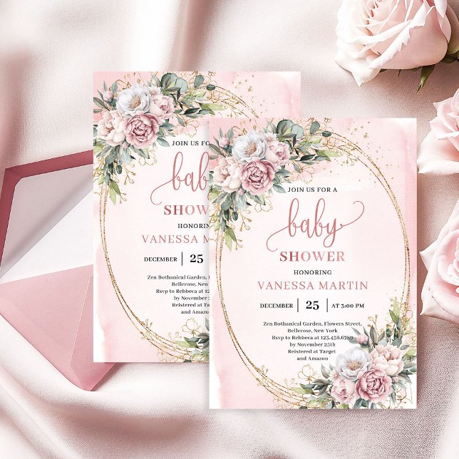 Convites Sonho Rosa Dourado Flores Verde Menina Chá de Bebê (Dreamy Rose Gold Flowers Greenery Girl Baby Shower)