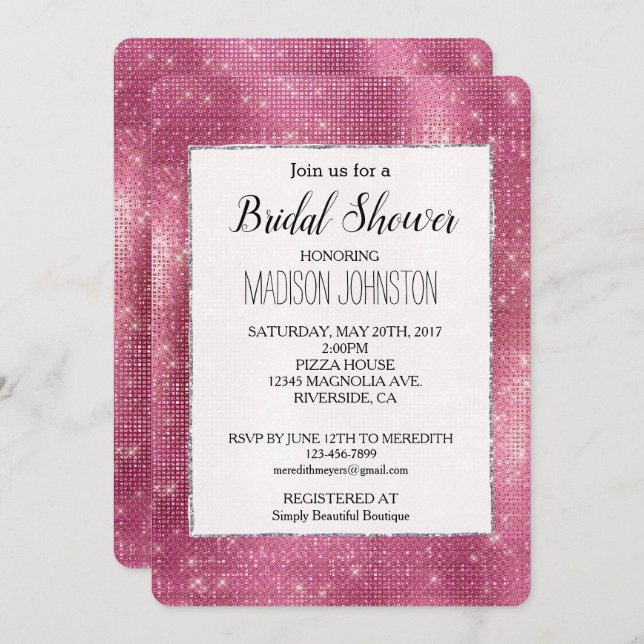 Convites Sonho Rosa Glitzy Silver Sparkle Bridal (Frente/Verso)