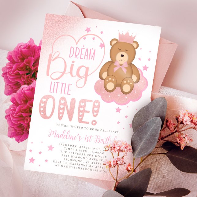 Convites Sonho Rosa Grande Um Urso Sonolento Aniversário (Criador carregado)