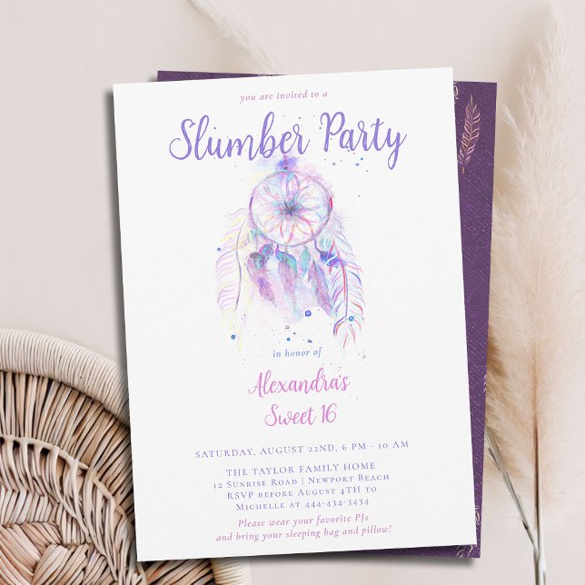Convites Sonho Roxo - Desmoronador - Partido PJ Sweet 16 (sweet 16 slumber party invitation birthday pj sleep over dreamcatcher pink purple watercolor feather)