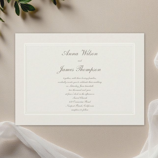 Convites Sonhos Ecru Simples Elegantes Casamento Tradiciona (formal wedding invitation traditional modern classic calligraphy ecru double frame ballroom )