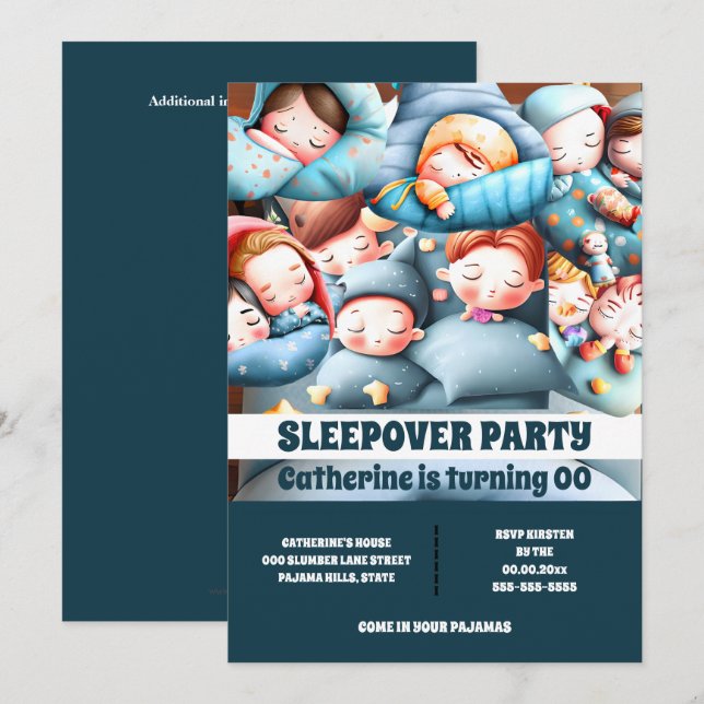 Convites Sonolência crianças dormindo pijama animação pijam (Frente/Verso)