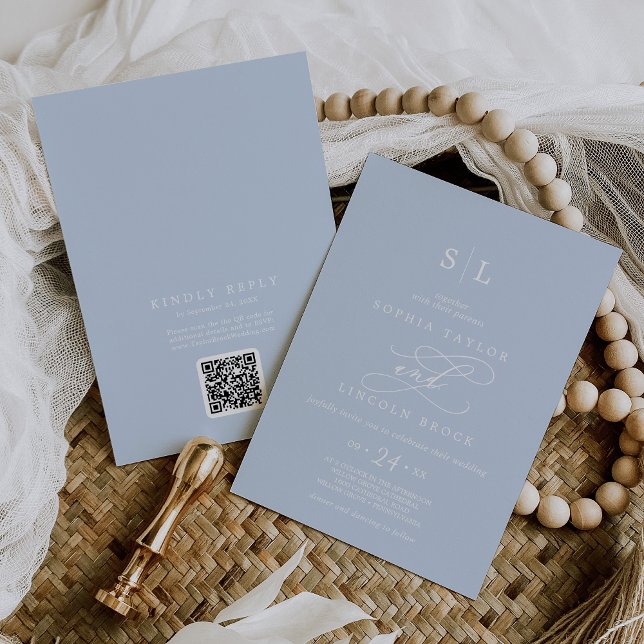 Convites SOPHIA Modern Baby Blue All In One Weding (SOPHIA QR Code Modern Baby Blue All In One Wedding Invitation)
