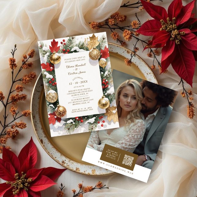 Convites Sophistated Colorful Christmas Botanical & Floral (Sophisticated Colorful Christmas Botanical and Floral Frame Wedding Invitations Cards with Back QR.)