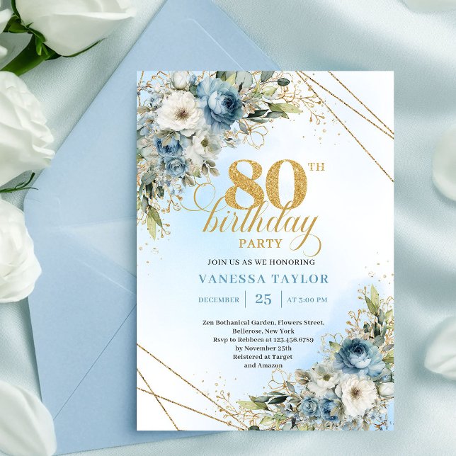 Convites Sophisticated 80th Birthday Invite Dusty Blue Gold (Sophisticated 80th Birthday Invite Dusty Blue Watercolor)