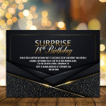 Convites Sophisticated Black 18th Surprise Birthday<br><div class="desc">Este na moda e elegante convite de aniversário preto de estrutura dourada do 18º é perfeito para aqueles que querem fazer uma declaração e dar o tom para o seu evento semiformal ou de gravata negra. O fundo preto proporciona um aspecto elegante e sofisticado, enquanto o quadro dourado adiciona a...</div>