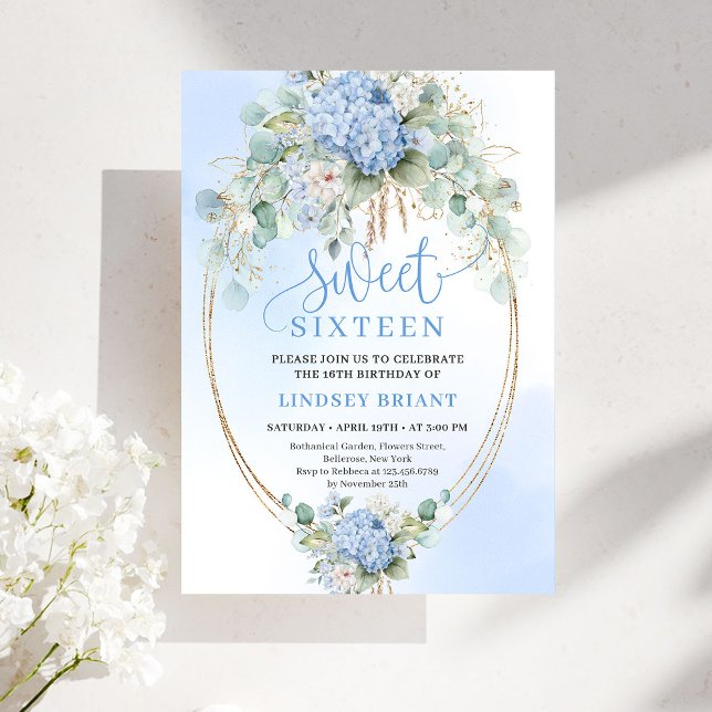 Convites Sophisticated Blue Floral Sweet 16 Birthday Invite (Sophisticated Blue Floral Sweet 16 Birthday Invite)