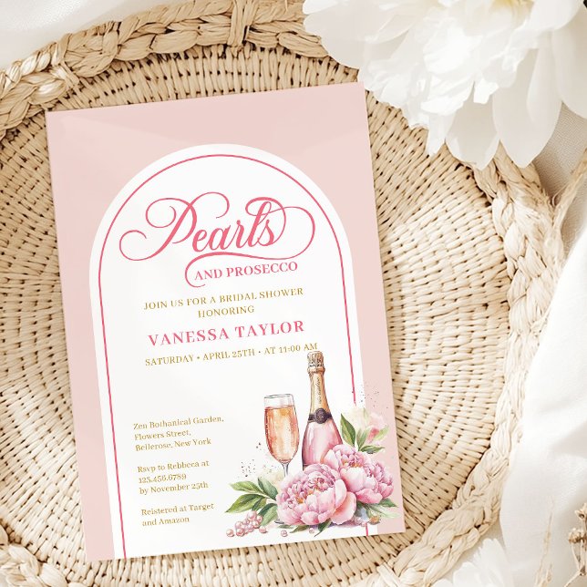 Convites Sophisticated Blush and Gold Bridal Shower Card (Elegant Pearls and Prosecco Bridal Shower Invite)