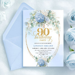 Convites Sophisticated Boho Blue Floral Gold 90th Birthday