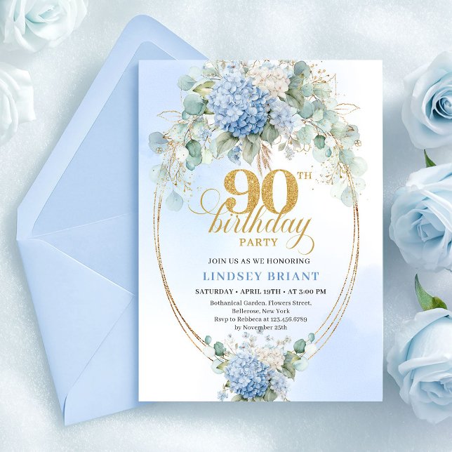Convites Sophisticated Boho Blue Floral Gold 90th Birthday (Sophisticated Blue Floral Gold 90th Birthday Invite)