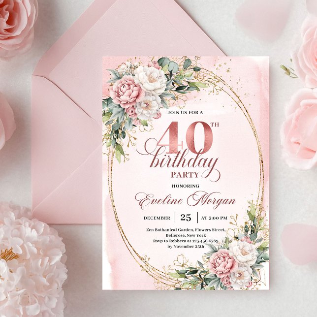 Convites Sophisticated Boho Blush Floral Gold 40th Birthday (Sophisticated Boho Blush Floral 40th Birthday Invitation)