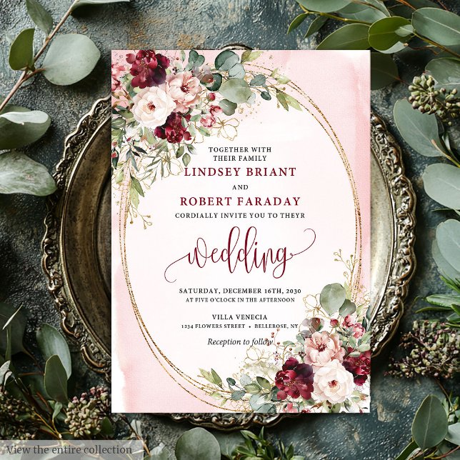 Convites Sophisticated Boho Maroon Blush Gold Floral Invite (Sophisticated Boho Maroon Blush Gold Floral Invitation

)