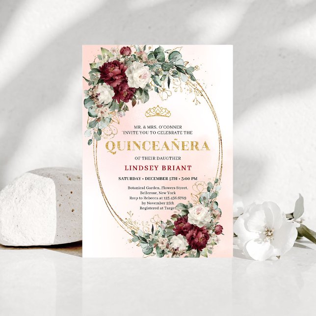 Convites Sophisticated Burgundy Floral Gold Quince Invite (Sophisticated Burgundy Floral Gold Quince Invitation)