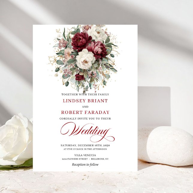 Convites Sophisticated Burgundy White Botanical Wedding  (Sophisticated Burgundy White Botanical Wedding Invitation)